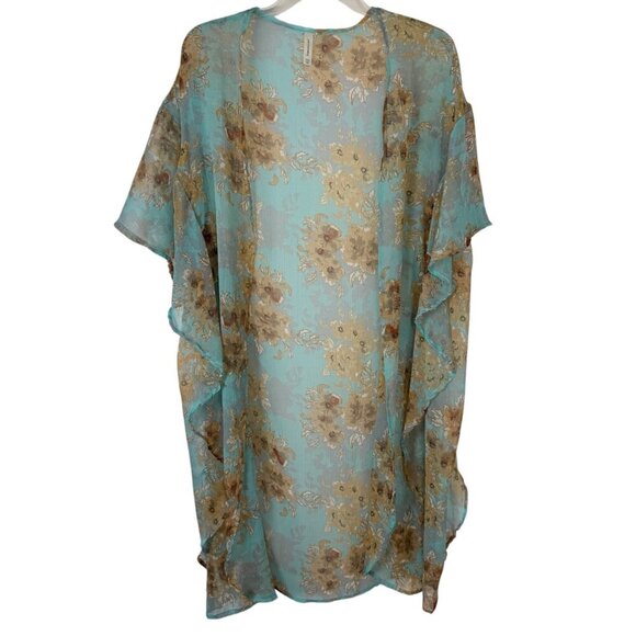 Francesca's Kimono Duster Floral Turquoise Long Line Open Boho Prairie One Size - Picture 1 of 7